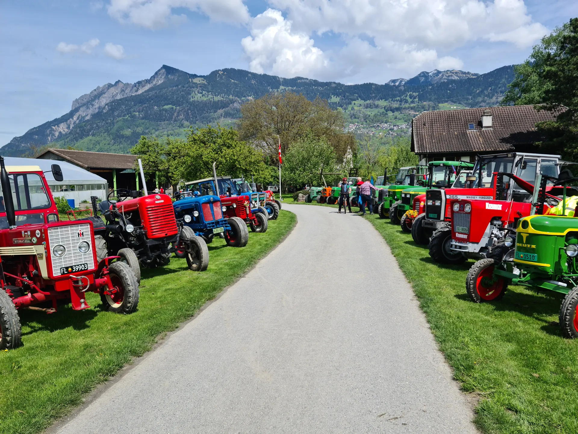 Traktorentreffen: Oldtimer beidseits eines Weges, dahinter die Berge