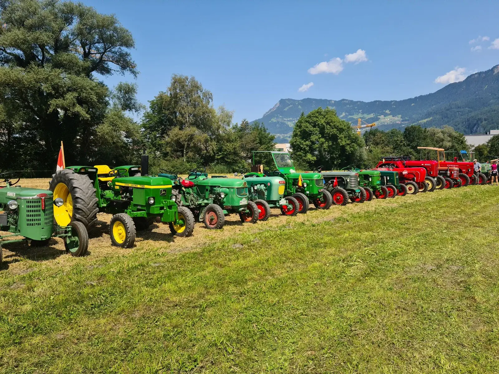Reihe grüner und roter Oldtimer-Traktoren auf einer Wiese unter blauem Himmel